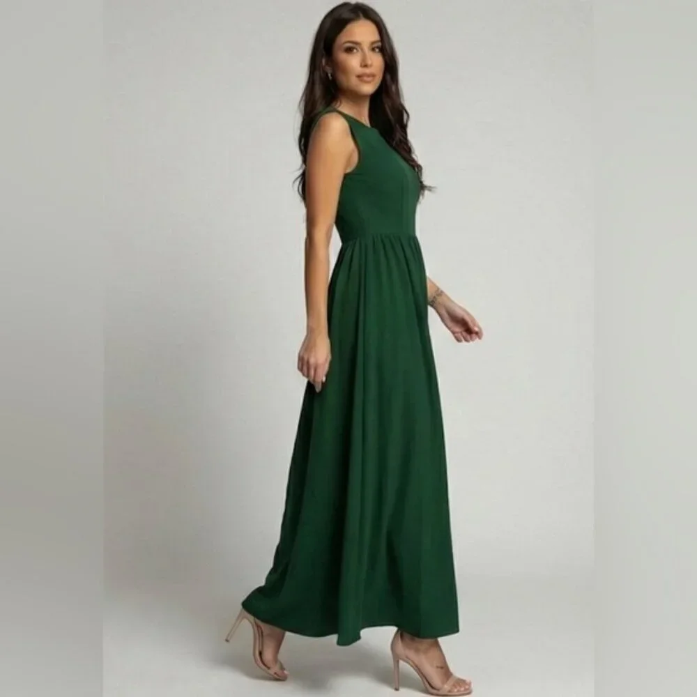 Gathered-Waist A-Line Maxi Dress With Pockets Green_4